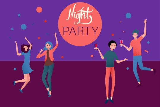 Night party poster or invitation with happy people.