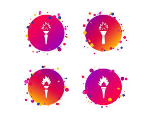Torch flame icons. Fire flaming symbols. Hand tool which provides light or heat. Gradient circle buttons with icons. Random dots design. Vector
