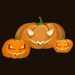 Set of three pumpkins of different shapes and sizes for the celebration of Halloween. Carved evil emotions with inner glow.