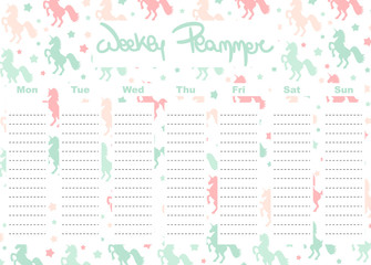 cute lovely vector weekly planner template with unicorns stationery organizer for daily plans
