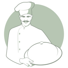Moustached chef with a kitchen hat carrying a covered tray