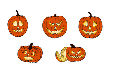 Set of pumpkins for Halloween. Funny faces. Autumn holidays. Vector.