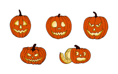 Set of pumpkins for Halloween. Funny faces. Autumn holidays. Vector.