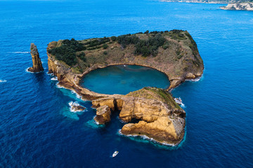 Top view of Islet of Vila Franca do Campo is formed by the crater of an old underwater volcano near San Miguel island, Azores, Portugal. © De Visu
