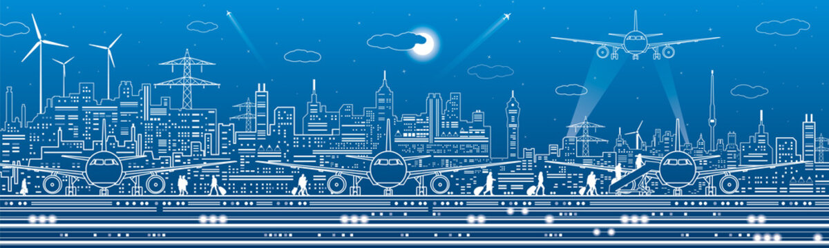 Airport panorama. Passengers go to the airplane. Aviation travel transportation infrastructure. The plane is on the runway. Night city on background, vector design art