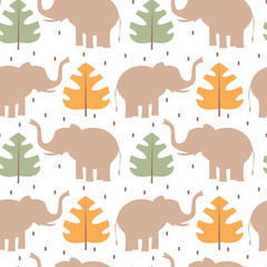 cute seamless vector pattern background illustration with elephants and tropical exotic leaves