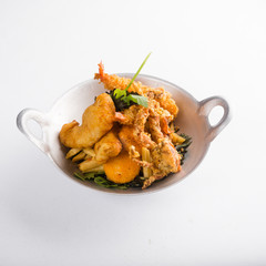 A bowl of deep fried seafood. Taken in Singapore.