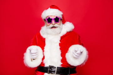 Mature aged positive stylish successful Santa white beard in tra