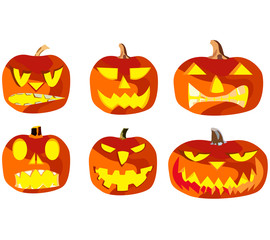 Set of six pumpkins for Halloween, objects isolated on white background