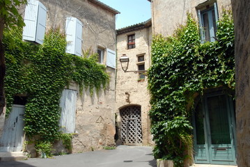 Ville de Pézenas, façades de maison en pierre et volets fermés, vigne vierge grimpe contre le...