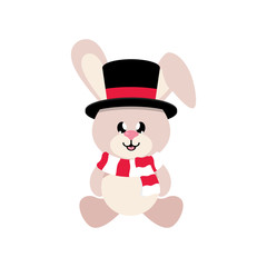 winter cartoon cute bunny with scarf and hat sitting