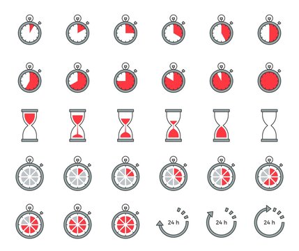 Timer and sand clock icon for use as cooking instruction, outline editable stroke