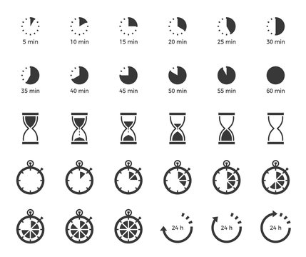 Timer and sand clock icon for use as cooking instruction solid or glyph style