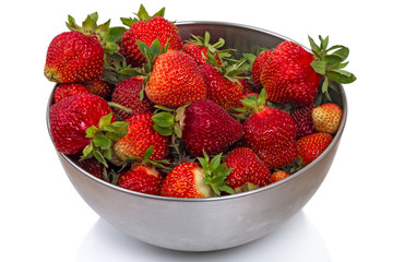 Fresh strawberries in a metal bowl