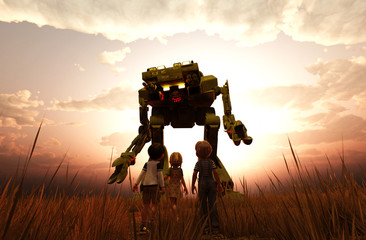 Children's looking at a giant mech in grassland,3d illustration - obrazy, fototapety, plakaty