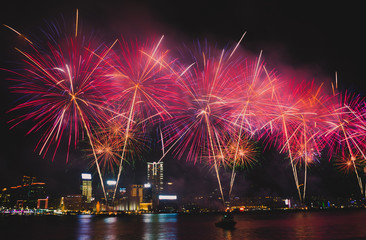 Fototapeta premium Fireworks display from Victoria Harbor in Hong Kong