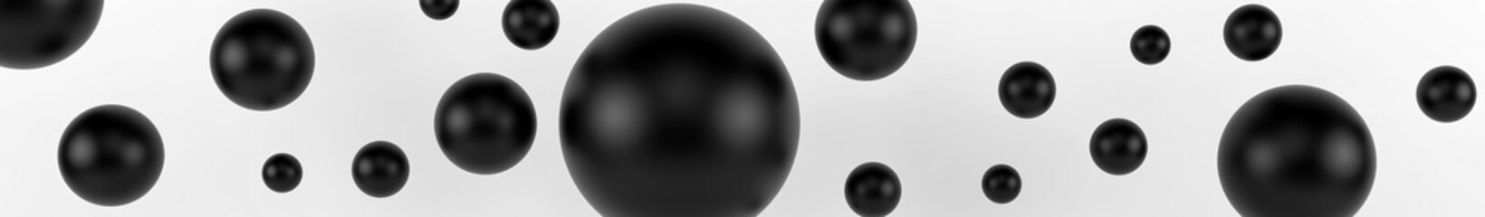 Closeup top view group of assorted industrial ceramic black balls on white background. 3d render