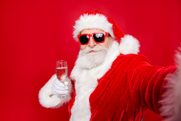 Self-portrait of glad cheerful dreamy Santa congratulations best