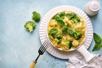 Mac and cheese with broccoli.Top view.