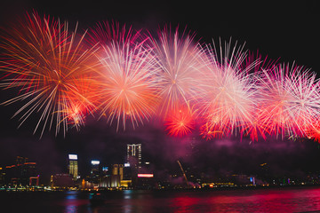 Fireworks display from Victoria Harbor in Hong Kong