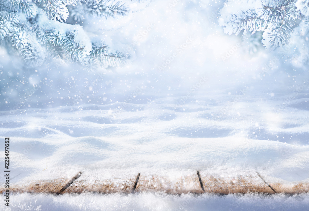 Poster winter christmas scenic background with copy space. wooden flooring was strewn with snow in forest a