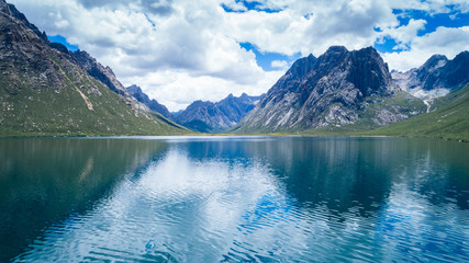 Aerial view of beautiful lake in high altitude mountains