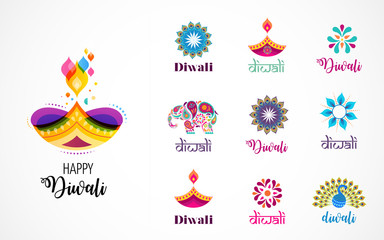 Happy Diwali Hindu festival icons, elements, logo set. Burning diya illustration, light festival of India