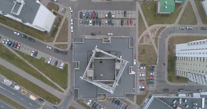 Residential area, flight over residential buildings, urban infrastructure, microdistrict aerial view.