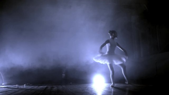 Young girl dancer jumping high in sky, little Ballerina posing, smoke