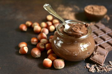 Homemade chocolate hazelnut spread in a vintage jar.