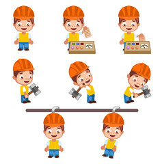 Set of cartoon builders, with hammer animation, punch card