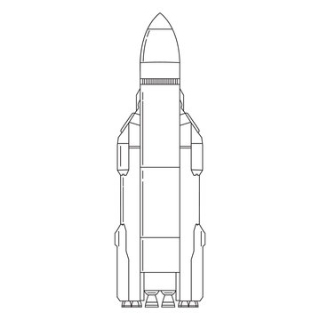 Heavy transport missile for flight in space and deliveries of cargo to an orbit. Reusable spaceship. Linear art vector. Rocket, multistage with the jet engine.