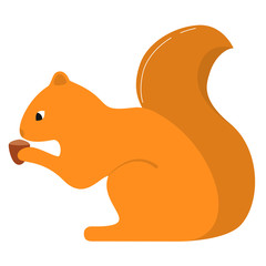 Forest animal a little squirrel with a tail and in pads with a nutlet an acorn the character the cartoon. In flat style a vector. An icon for the websites and children's toys.