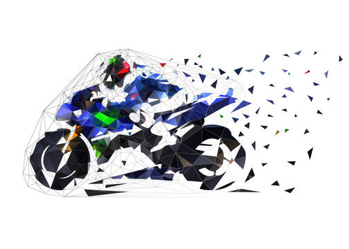 Road motorcycle racing, low polygonal vector illustration. Side view motorbike. Motorsport