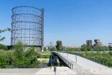 The Gas holder, sometimes called a Gasometer, in the Ostiense district on Tiber river, beside...