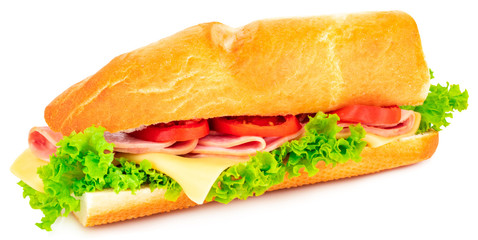 Fresh baguette sandwich with ham, cheese, tomatoes, and lettuce isolated on white background.