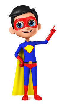 Boy in blue superhero costume with thumb up on white background. 3d render illustration.