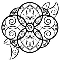Black and white isolated abstract vector image of the ethnic circular flower and swirly leaves with black contours on white background under the quirky embellishment 
