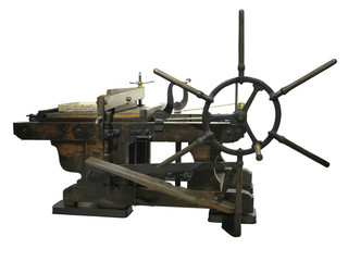 Vintage old letterpress printing manual machine isolated on white background