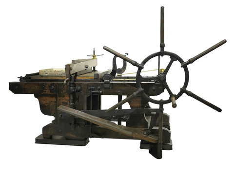 Vintage Old Letterpress Printing Manual Machine Isolated On White Background