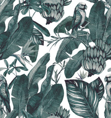 Seamless watercolor pattern with hibiscus, palm leaves, branch of strelitzia, calathea. Tropic background