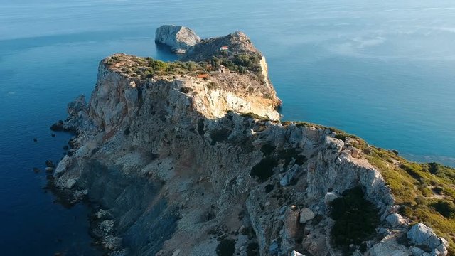 Aerial view of Mediterranean sea island cape. Kastro Castle, Skiathos, Aegean Sea, Greece