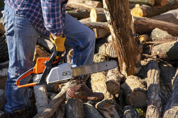 The worker works with a chainsaw. Chainsaw close up. Woodcutter saws tree with chainsaw on sawmill. Chainsaw in action cutting wood. Man cutting wood with saw, dust and movements.