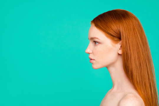 Profile side view of nude natural red-haired girl, shiny pure cl