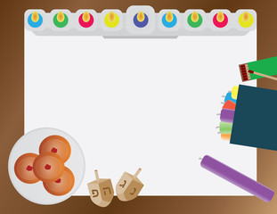 Fototapeta premium Hanukkah Jewish Holiday vector background Hanukkah traditional elements - menora and candles, donuts and dreidels