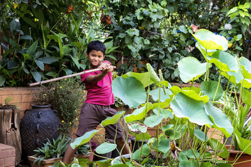 Boy has fun with a Cane in a Tropical Garden - obrazy, fototapety, plakaty