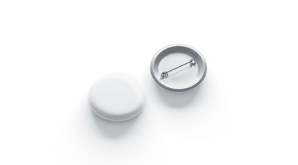 Blank white round badge mockup, front and back side, isolated, 3d rendering. Empty circular pin mock up. Clear company emblem template. Plastic button label, top view.