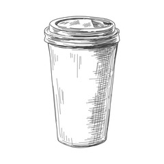 Hand drawn pen and ink cardboard coffee cup sketch, take away mug, isolated on white background. Vintage etching food illustration.