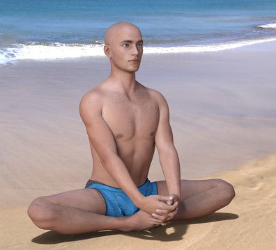 Bald man in blue briefs practising the butterfly or baddha konasana yoga pose on a sandy beach. 3d render.