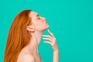Plastic surgery advertising. Profile side view portrait of nude 